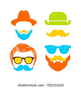 Beautiful elements for cards with a beard, mustaches, hats and sunglasses