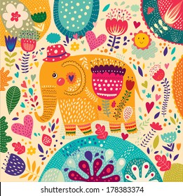 Beautiful elephant with colorful pattern.