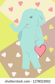 Beautiful elephant girl with a handbag in the shape of a heart.Character girl elephant on a cute background with hearts. Option greeting card for Valentine's day, birthday Or international Women's day