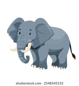 Un hermoso elefante con colmillos de pie. Ilustración vectorial aislada sobre fondo blanco.