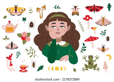 Beautiful elf girl and forest items like butterflies, mushrooms, plants, cartoon style. Cottagecore, goblincore aesthetics. Trendy modern vector illustration, hand drawn, flat design.