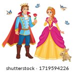 Beautiful Elf princess and prince. Set characters. Children's book illustration for sticker print. Fairy tale about Cinderella or Thumbelina. Isolated background. Cartoon doll, toy. Wonderland. Vector