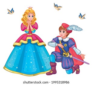 Hermosa princesa Elf y príncipe con espada. Establecer caracteres. Ilustración infantil para imprimir y pegar. Ilustración aislada sobre fondo blanco. Historia romántica. País de las maravillas. Vector.