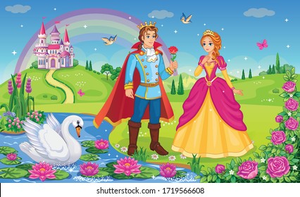 Hermosa princesa elfo, príncipe, cisne.  Rey y Reina. Fondo de cuento de hadas. Prado de flores, castillo, arcoiris, lago. País de las maravillas. Paisaje mágico. Dibujo de dibujos animados para niños. Historia romántica. Vector.