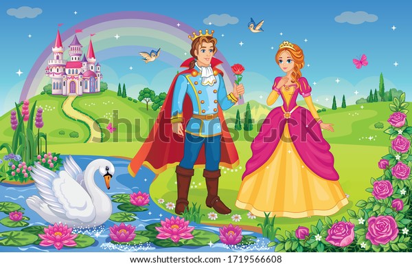Beautiful elf Princess, Prince, Swan. King and Queen. Fairytale background. Flower meadow, castle, rainbow, lake. Wonderland. Magical landscape. Children cartoon illustration. Romantic story. Vector.
