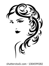 beautiful elf woman with sharp ears and long hair - black and white fairy portrait vector