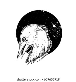 Beautiful emblem with bird head. Graphic, dark, stylish. Hand drawn illustration with raven. It can be used as an idea for a tattoo and printing on the T-shirts.