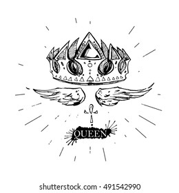 Beautiful emblem with crown and wings. Grunge illustration. It can be used for printing on T-shirts or ideas for tattoos.