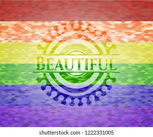 Beautiful emblem on mosaic background with the colors of the LGBT flag