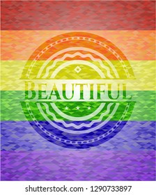 Beautiful emblem on mosaic background with the colors of the LGBT flag