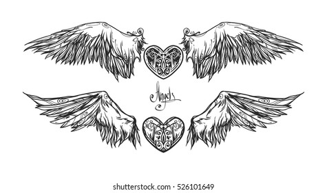 Beautiful Emblem With Wings / Graphic Image / Illustration Informal Attributes / It Can Be Used For Printing On T-Shirts Or Ideas For Tattoos.