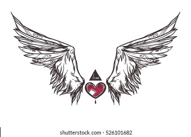 Beautiful Emblem With Wings / Graphic Image / Illustration Informal Attributes / It Can Be Used For Printing On T-Shirts Or Ideas For Tattoos.