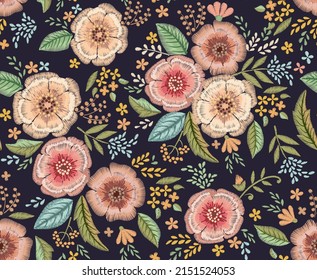 Beautiful Embroidered flowers and leaves on a black background.  Vector seamless pattern.