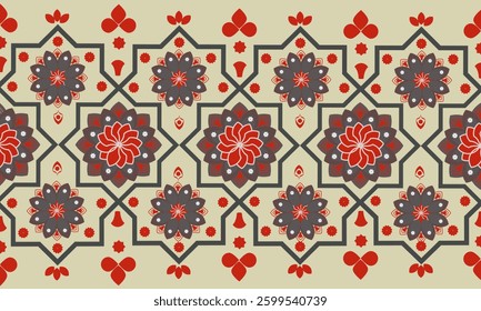 Beautiful Embroidery Floral Gray, Red. Artisanal Hand painted seamless tile pattern with intricate floral details and rich textures for artisanal home decor