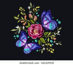 Beautiful embroidery floral pattern with flowers, butterflies. Vector traditional folk fashion ornament on black background for your design design. 