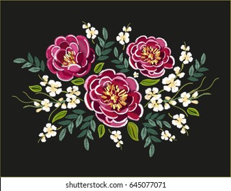 Beautiful embroidery floral pattern with flowers . Vector traditional folk fashion ornament on black background for your design design.	


