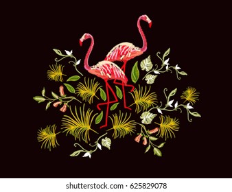 Beautiful embroidery floral pattern with tropical leaves, flamingo . Vector traditional folk fashion ornament on black background for your design design. 