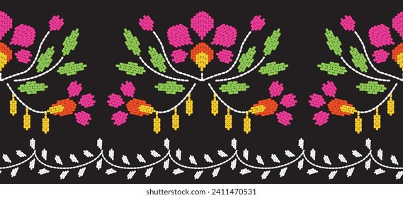 Beautiful Embroidery floral pink, green leaves and branches, embellishing the neckline,decorate hem, skirt, adorning sleeves with flower embroidery.  beautiful floral embroidery. Ethnic flower motive.