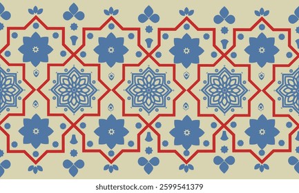 Beautiful Embroidery Floral Red And Blue. Artisanal Hand painted seamless tile pattern with intricate floral details and rich textures for artisanal home decor