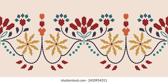 Beautiful Embroidery floral red, yellow. pattern on fabric, embellishing the neckline, decorat hem, skirt, adorning sleeves with flower embroidery.  beautiful floral embroidery. Ethnic flower motive.