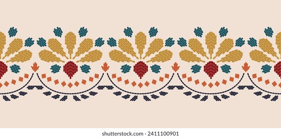 Beautiful Embroidery floral red, yellow. pattern on fabric, embellishing the neckline, decorat hem, skirt, adorning sleeves with flower embroidery.  beautiful floral embroidery. Ethnic flower motive.