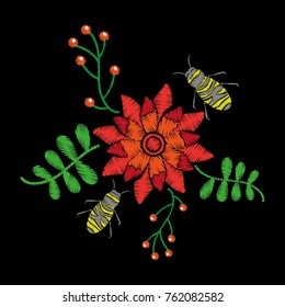 beautiful embroidery flower bees fly and berries natural pattern