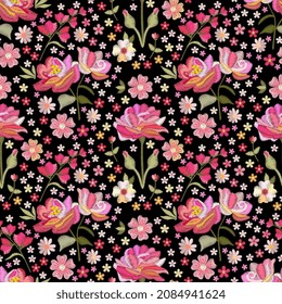 Beautiful embroidery with flowers in pink colors on black background. Ditsy seamless pattern. Vector floral ornament. 