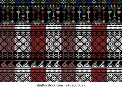 The beautiful embroidery inspired from Yao hill tribe pattern,adorned with patterns from 7colored threads,unique design ,embroidered ancient pattern,design fo costume clothing,wrapping,textile,fabric