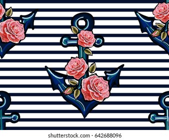 Beautiful  embroidery pattern with exotic anchor and  pink roses. Vector trend fashion floral illustration on black background for clothing design.