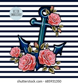 Beautiful embroidery pattern with exotic anchor and roses. Vector trend fashion floral illustration on black background for clothing design.