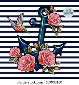 Beautiful embroidery pattern with exotic anchor and hummingbird, roses. Vector trend fashion floral illustration on black background for clothing design.