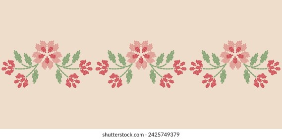 Beautiful Embroidery pink floral, leaves and branches, Pattern the neckline, decorate hem, skirt, adorning sleeves pink flower embroidery. beautiful border floral embroidery. Ethnic pattern