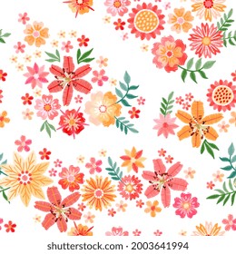 Beautiful embroidery seamless pattern with bouquets of flowers on white background