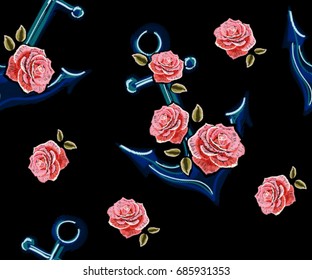 Beautiful embroidery seamless pattern with exotic anchor and roses. Vector trend fashion floral illustration on black background for clothing design.