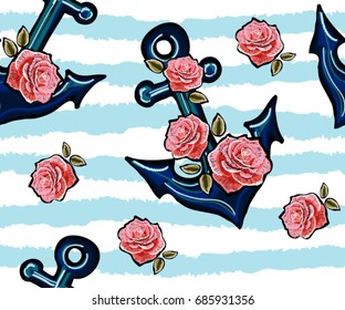 Beautiful embroidery seamless pattern with exotic anchor and roses. Vector trend fashion floral illustration on black background for clothing design.