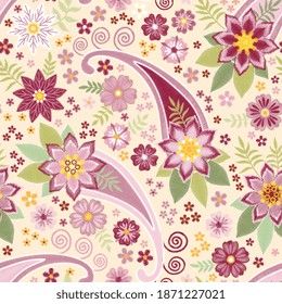 Beautiful embroidery seamless pattern with floral and paisley ornament. Vector fancywork print with flowers.
