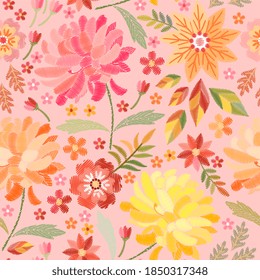 Beautiful embroidery seamless pattern with flowers on light pink background