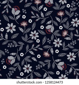Beautiful  Embroidery seamless pattern with beautiful wild flowers delicate vector print  illustration design for fashion ,fabric,wallpaper,cover,web, and all prints on navy blue background color