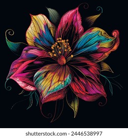 Beautiful embroidery style colorful tropical exotic drawing flower leaves pattern. Tapestry floral vector illustration with beautiful stitch lines textured flower. Surface embroidered grunge texture.