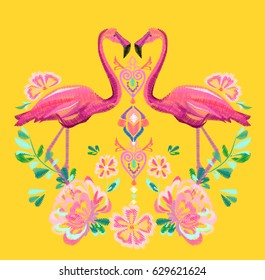 Beautiful embroidery tropical theme, flamingo flowers vector
