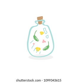 Beautiful empty bottles with flowers and leafs inside. Nice and gentle picture for decoration