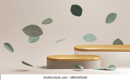 Beautiful empty gold pastel podium with falling eucalyptus leaves. beauty cosmetic product display platform scene mockup. 3d realistic vector