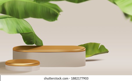 Beautiful Empty Gold Podium With Realistic Banana Leaves. Summer Theme, Fashion, Cosmetic Product Display Presentation Mockup Vector Template