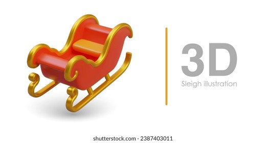 Beautiful empty red sleigh with golden elements. Christmas vehicle of Santa Claus. Winter holiday transportation. Vector 3D object on white background. Fun time, entertainment