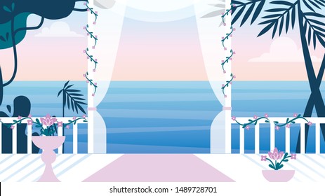 Beautiful Empty Terrace with Curtains and Flowers on Panoramic Seaview Background, Place for Leisure, Relax or Wedding Ceremony, Holiday Time or Summer Season Spare Time. Flat Vector Illustration
