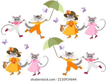 Beautiful endless animal print for kids with funny funny cats, mice, umbrellas and butterflies. Cute cartoon pattern for fabric, wallpaper.