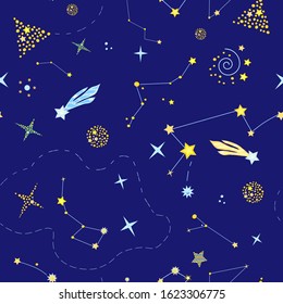 Beautiful endless cosmic pattern with constellations, zodiacs, planets, comets on the blue background. Vector endless texture for design and decoration