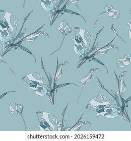 Beautiful endless floral classic fashion pattern design with plants on light blue background. Stock illustration.