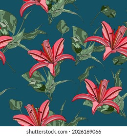 Beautiful endless gentle floral pattern design with plants and pink lilies on turquoise blue background. Hand drawn vector illustration.