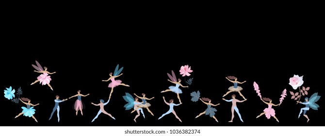 Beautiful endless multicolor border with fairies and elves, leaves and flowers isolated on black background. Vector spring design.
